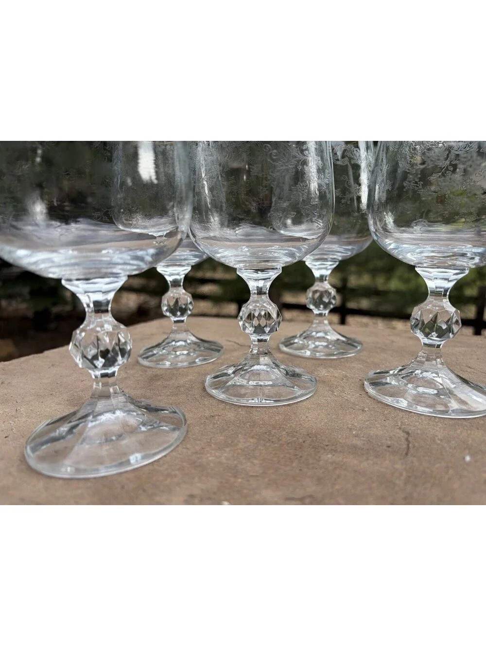 Set Of 5 VTG Bohemia Crystal Cascade 6.5” Etched Ball Stem Goblets Made in Czech